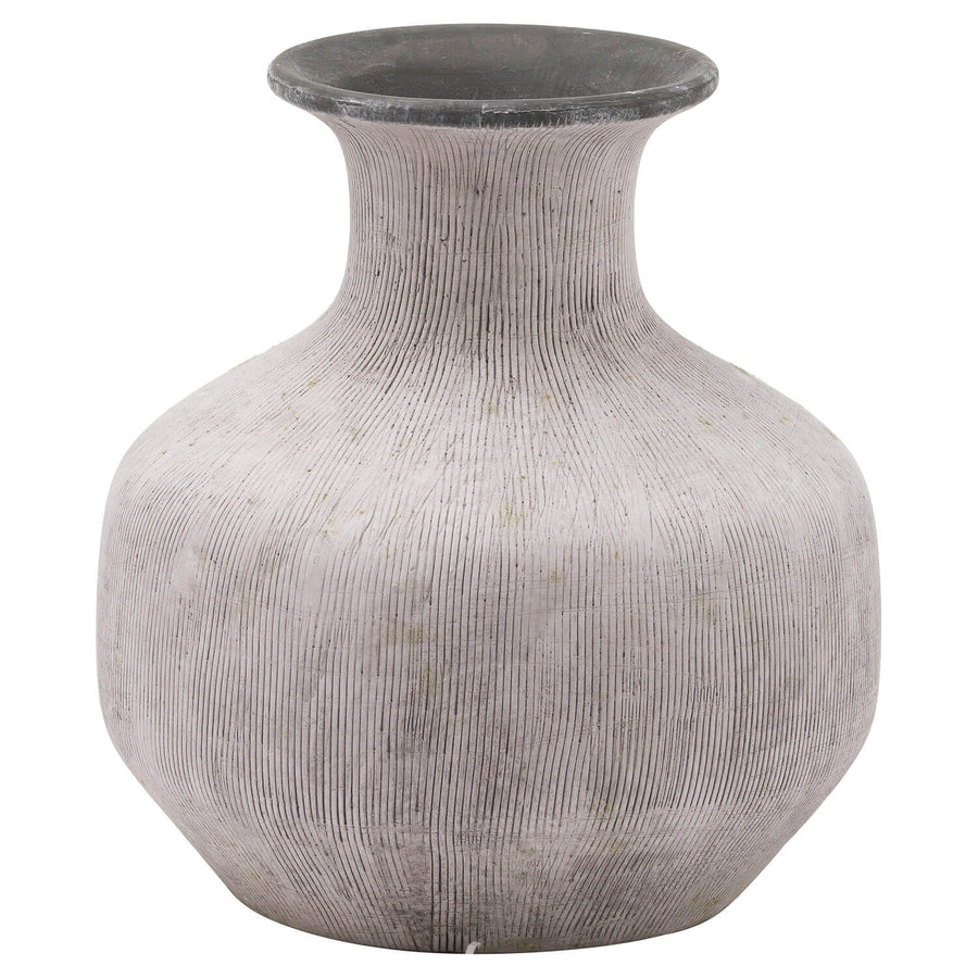 Handcrafted Bloomville stone-effect ceramic vase in natural grey, minimalist design with vertical scoring for modern decor by Sostter at brixbailey.com