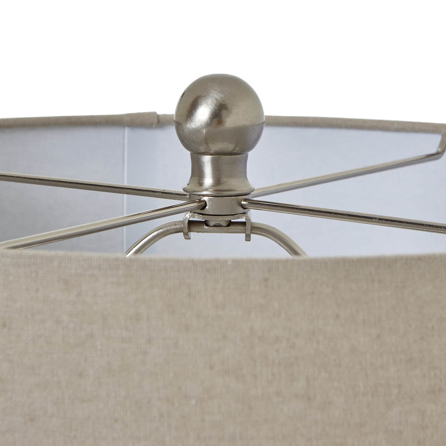 White beaded ceramic lamp with linen shade, handcrafted coastal boho decor for living room or bedroom by Sostter at brixbailey.com