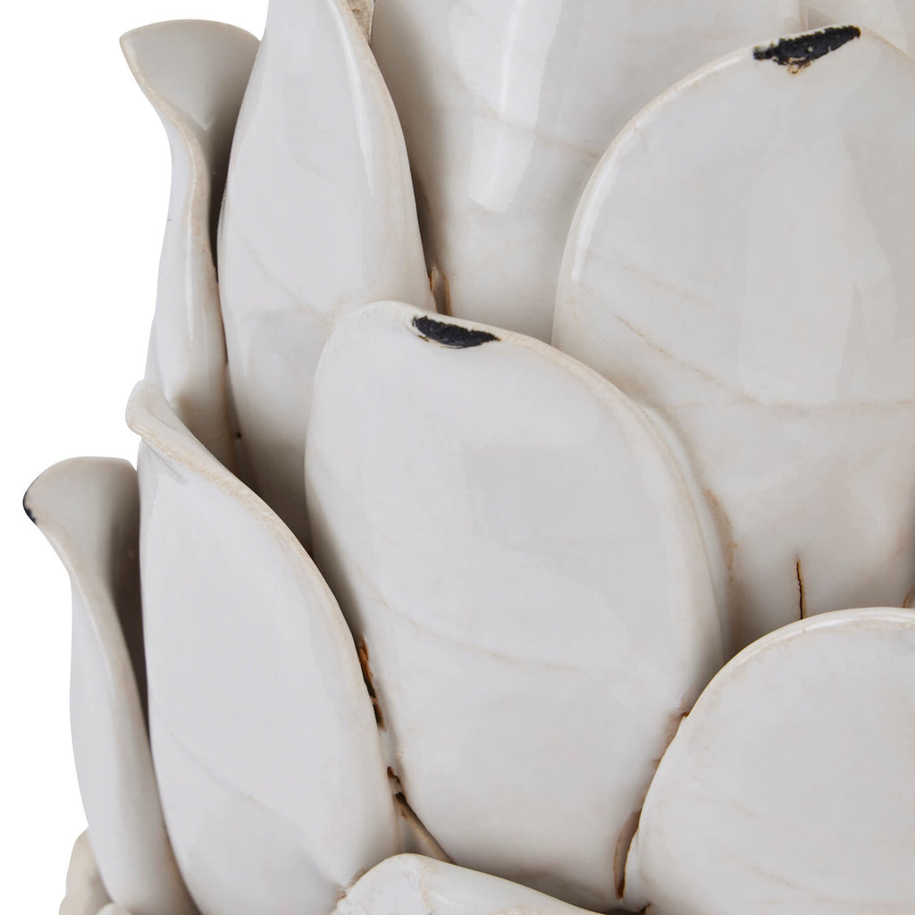 Handcrafted ceramic artichoke ornament in antique white, detailed scales, 24cm tall, Mediterranean-inspired decor piece by Sostter at brixbailey.com