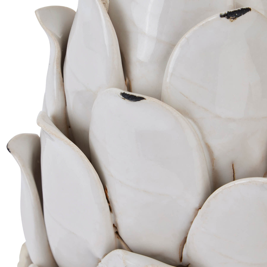 Handcrafted ceramic artichoke ornament in antique white, detailed scales, 24cm tall, Mediterranean-inspired decor piece by Sostter at brixbailey.com
