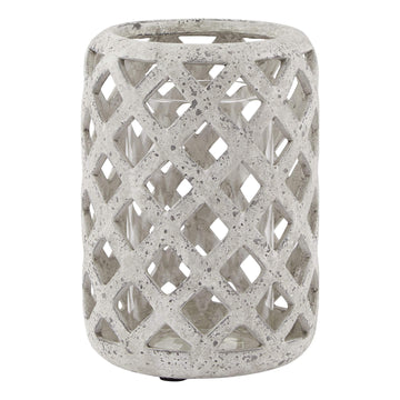 Matte grey stone-effect ceramic hurricane lantern with rustic texture and modern silhouette for home decor by Sostter at brixbailey.com