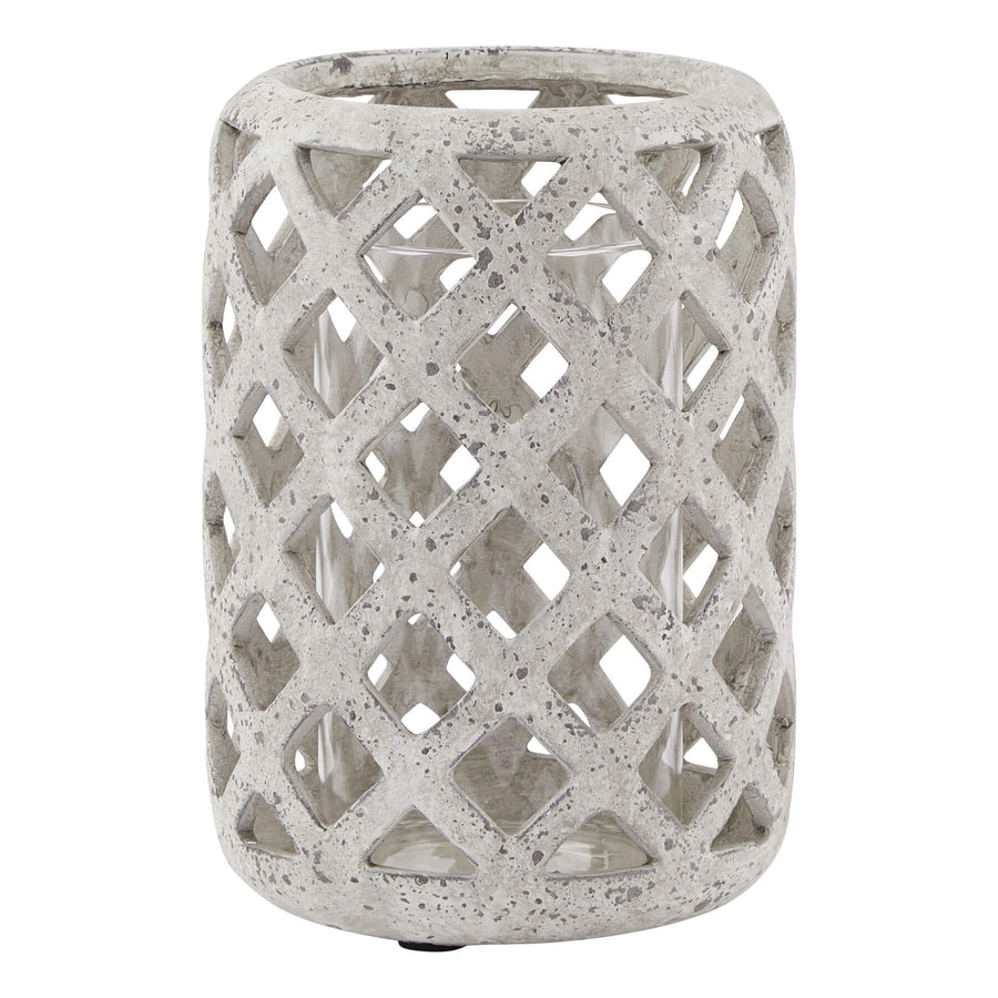 Matte grey stone-effect ceramic hurricane lantern with rustic texture and modern silhouette for home decor by Sostter at brixbailey.com