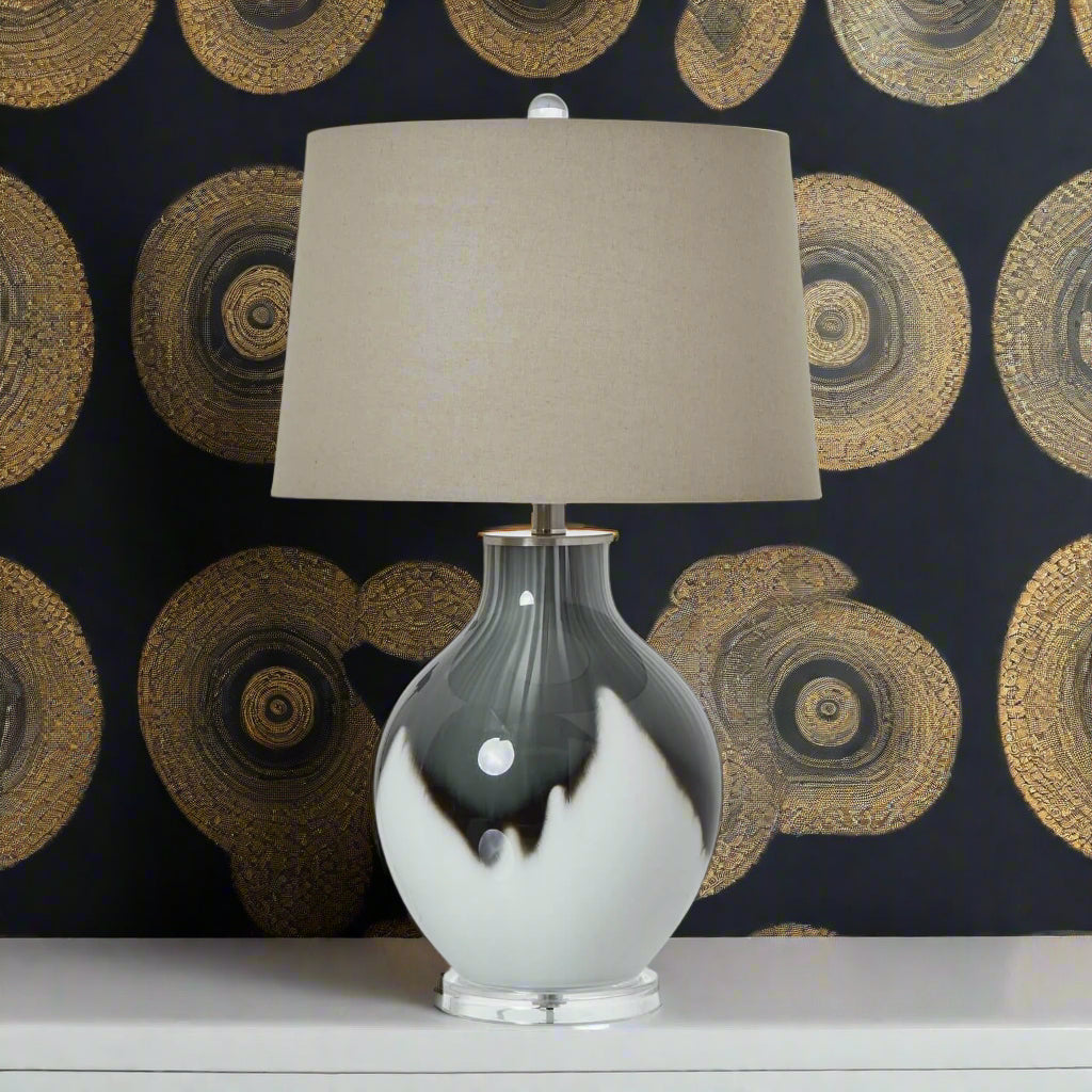 Grey Shadows table lamp with smoky ombre glass base and neutral linen shade, 67cm tall, contemporary lighting for home decor. by Sostter at brixbailey.com