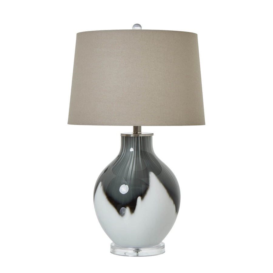 Grey Shadows table lamp with smoky ombre glass base and neutral linen shade, 67cm tall, contemporary lighting for home decor. by Sostter at brixbailey.com