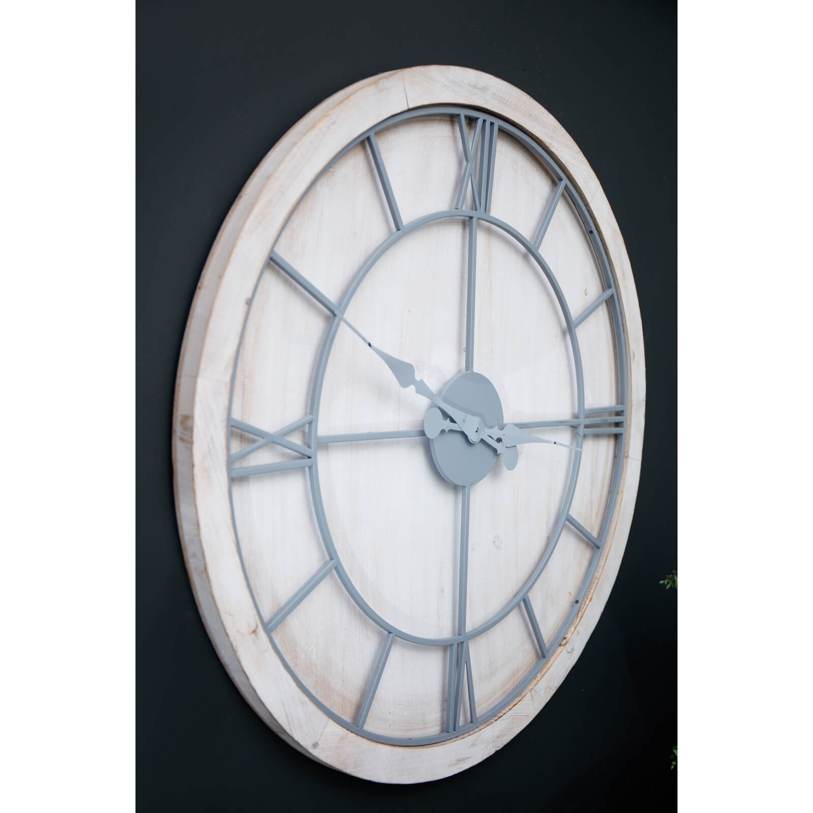 Large white wall clock with roman numerals, metal frame, and wood surround for modern or traditional decor by Sostter at brixbailey.com
