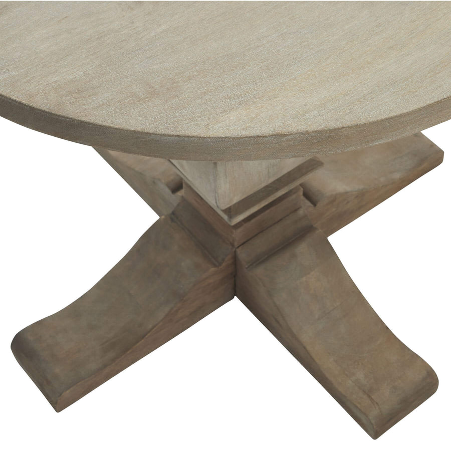 Handcrafted Copgrove side table with bleached wood finish, black iron handles, and French-inspired pedestal base by Sostter at brixbailey.com