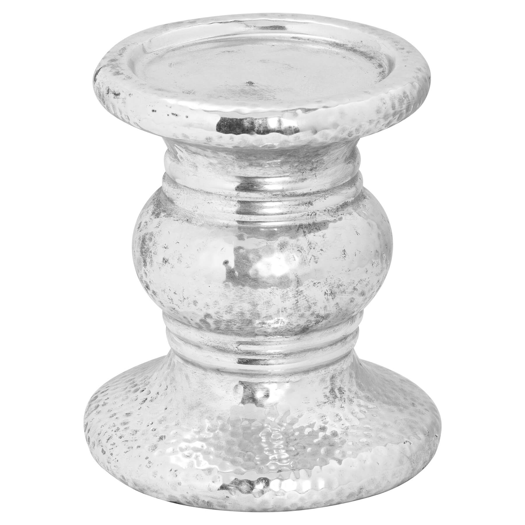 Hand-hammered ceramic candle holder with metallic silver finish, reflecting ambient light in organic modern design. by RoomLondon at brixbailey.com