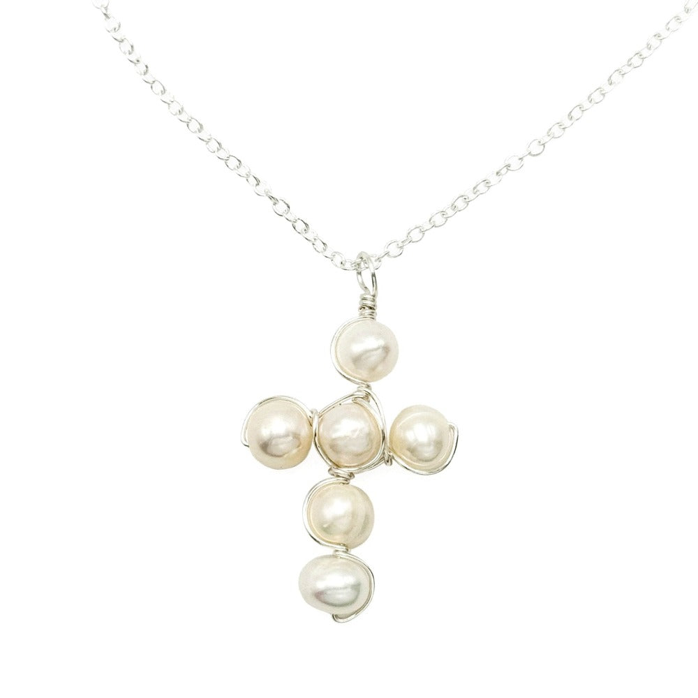 Good News Silver Necklace with Freshwater Pearl Cross
