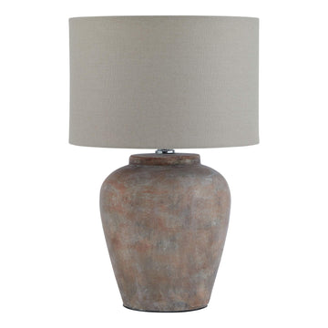 Handcrafted Siena brown ceramic table lamp with linen shade in warm grey, perfect for bedside or accent lighting. by Sostter at brixbailey.com