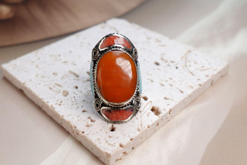 Large Ethnic Tibetan Silver Rings, Turquoise, Coral & Lapis Inlay Rings.