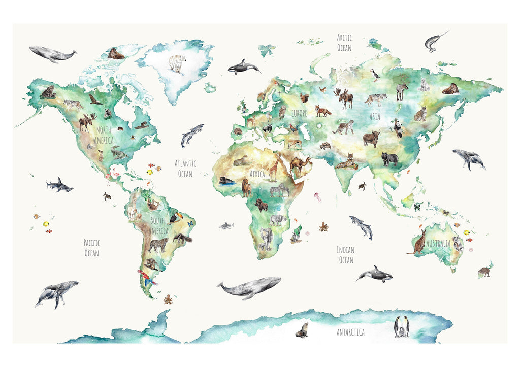 Hand-painted wildlife world map print for children
