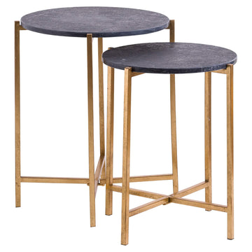 Black and gold marble nesting tables with genuine marble tops and metallic bases, modern luxury home decor. by Sostter at brixbailey.com