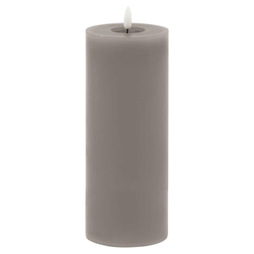 Grey LED wax candle with realistic flickering flame and dripped-wax texture, 23cm tall, battery-operated for safe ambiance (124 chars) by Hill Interiors at brixbailey.com