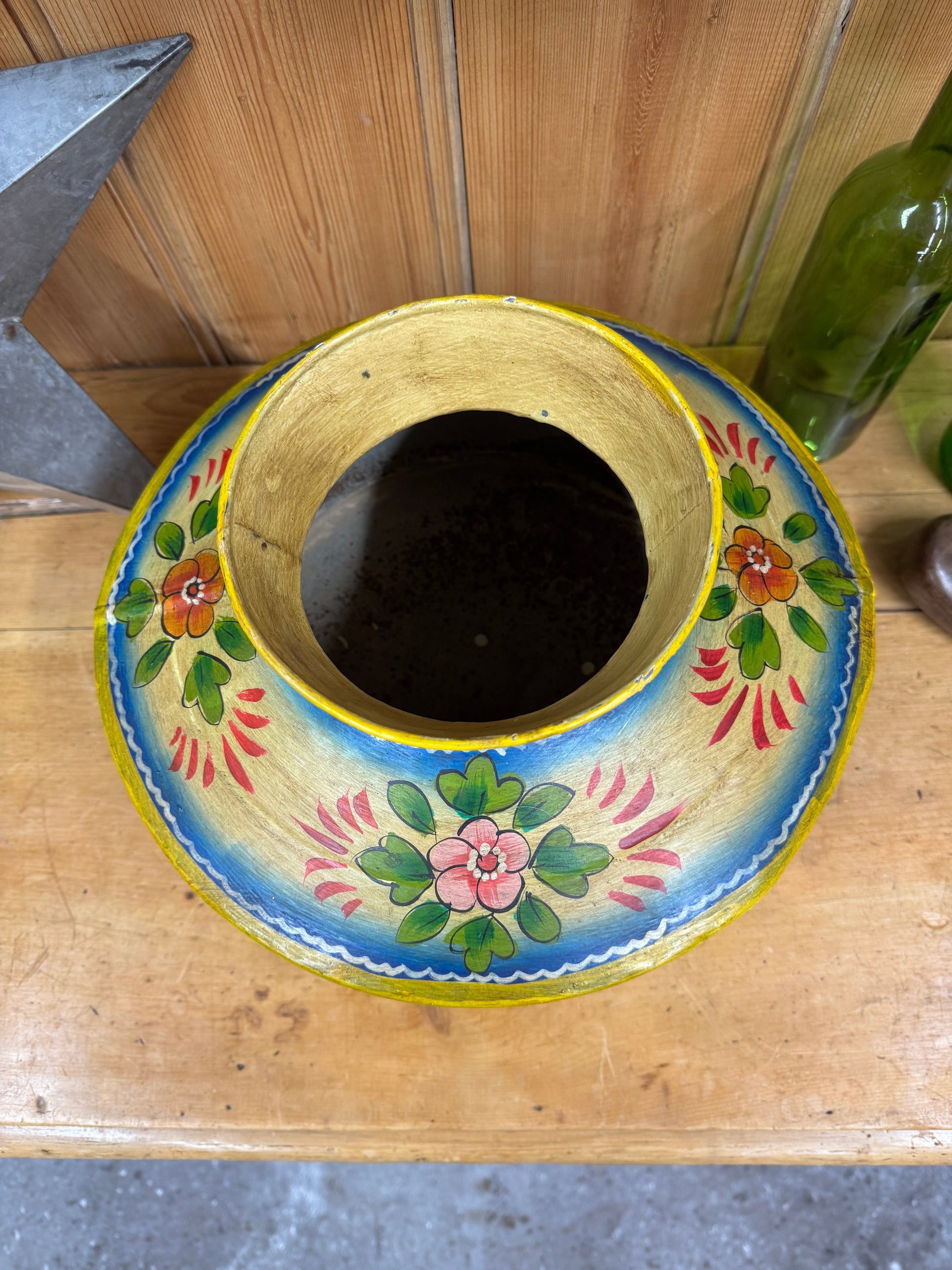 Vintage Painted Indian Water Pot / Decor  Handmade Metal Pot / Metal Vase / Narrow Boat / Gypsy / Rustic