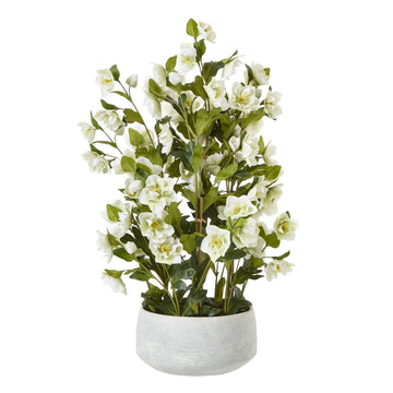 White faux hellebore floral arrangement in grey planter, lifelike blooms with green stems, home decor centerpiece by Sostter at brixbailey.com
