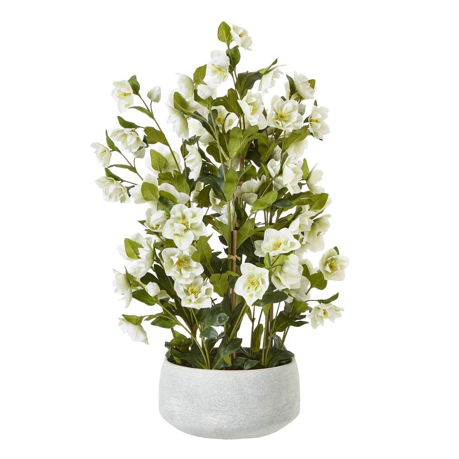 White faux hellebore floral arrangement in grey planter, lifelike blooms with green stems, home decor centerpiece by Sostter at brixbailey.com