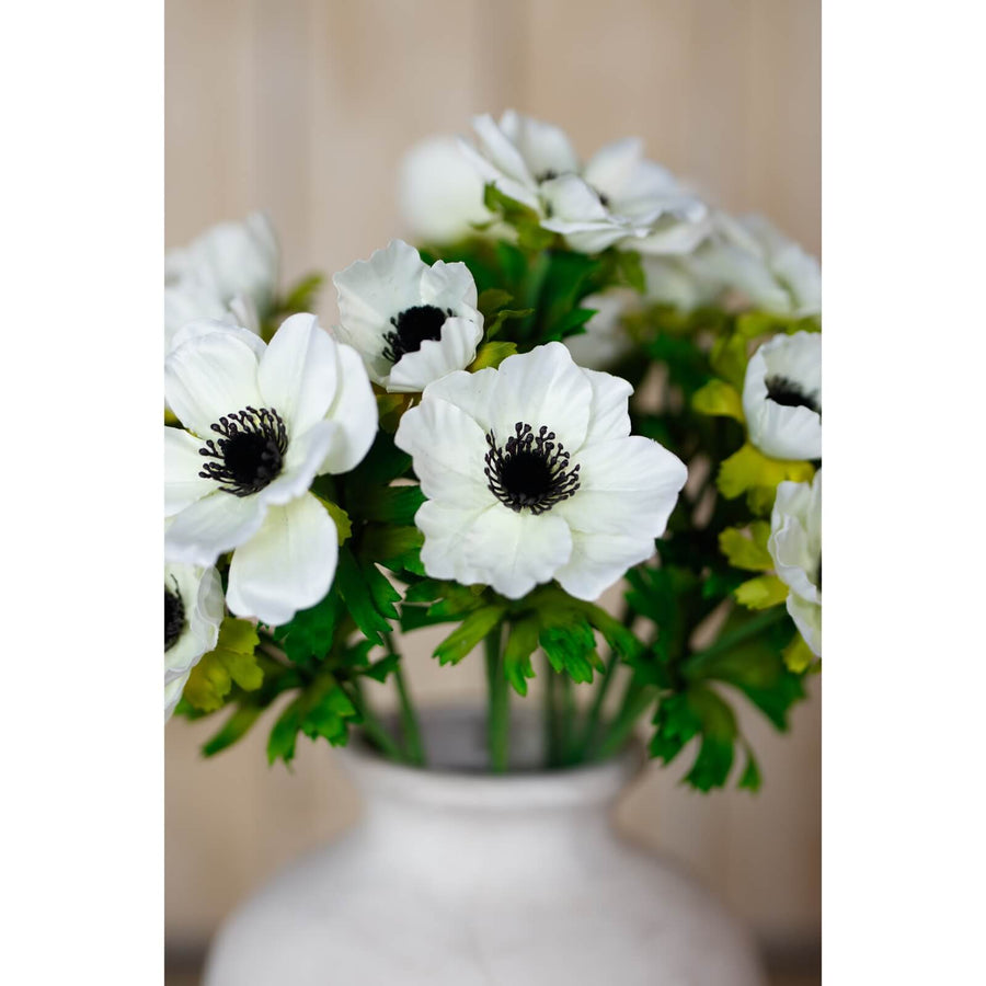 White Anemone Spray with lifelike petals and lush foliage, 56cm tall, perfect for modern or farmhouse decor by Sostter at brixbailey.com