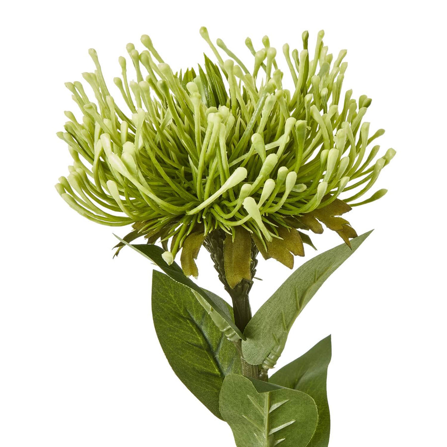 Faux protea stem with lush green pom-pom blooms, hyper-realistic artificial floral for elegant home decor by Sostter at brixbailey.com