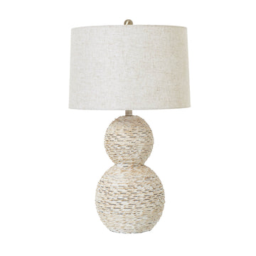 White wash wicker globe table lamp with linen shade, natural woven texture, coastal farmhouse decor, warm ambient lighting by Sostter at brixbailey.com