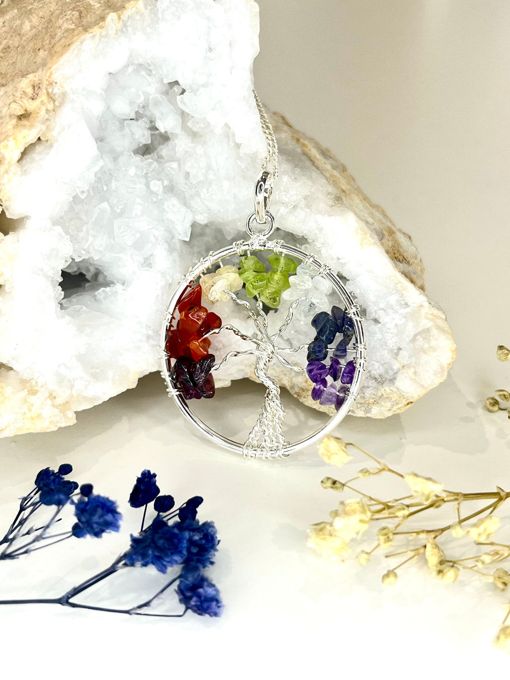 Silver Plated Tree of Life Chakra Necklace with Natural Crystals
