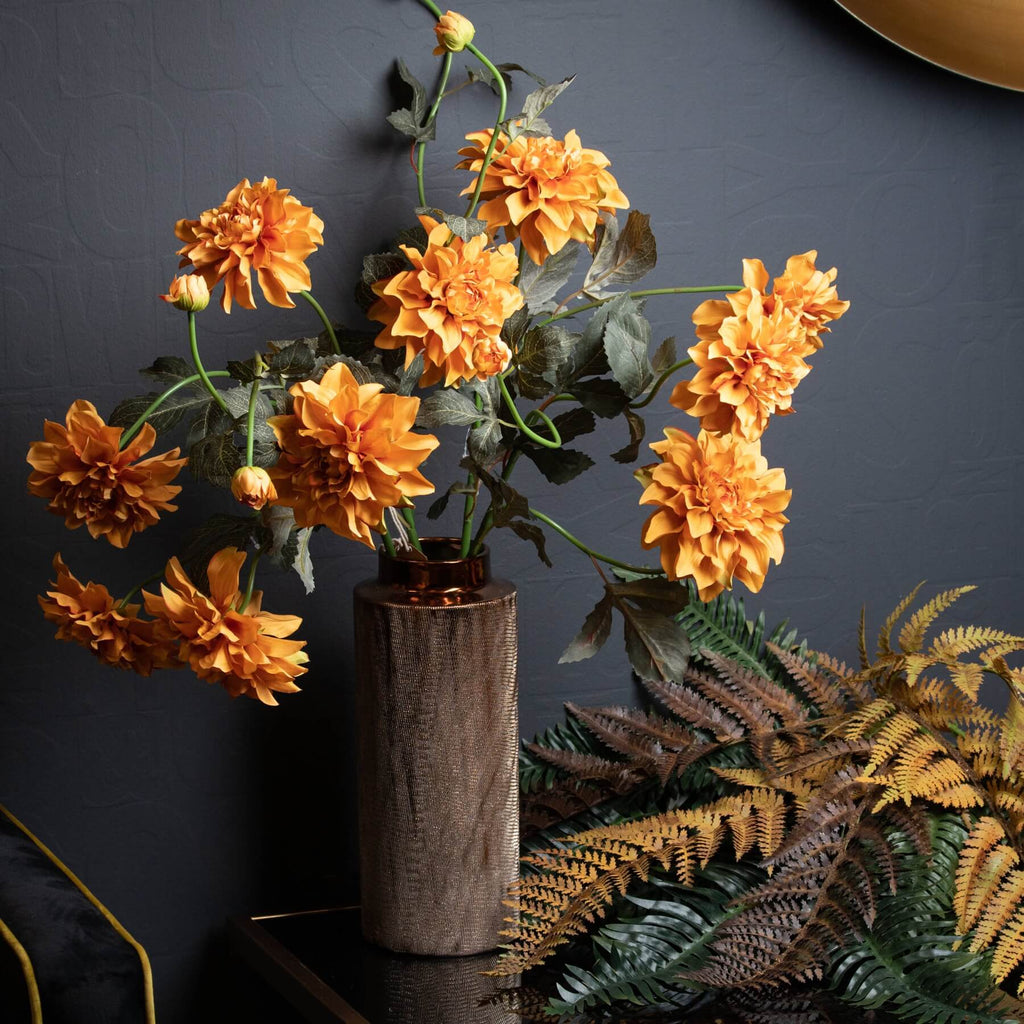 Handcrafted orange faux dahlia spray with realistic layered petals for year-round autumn decor, 45 inches tall. by Sostter at brixbailey.com