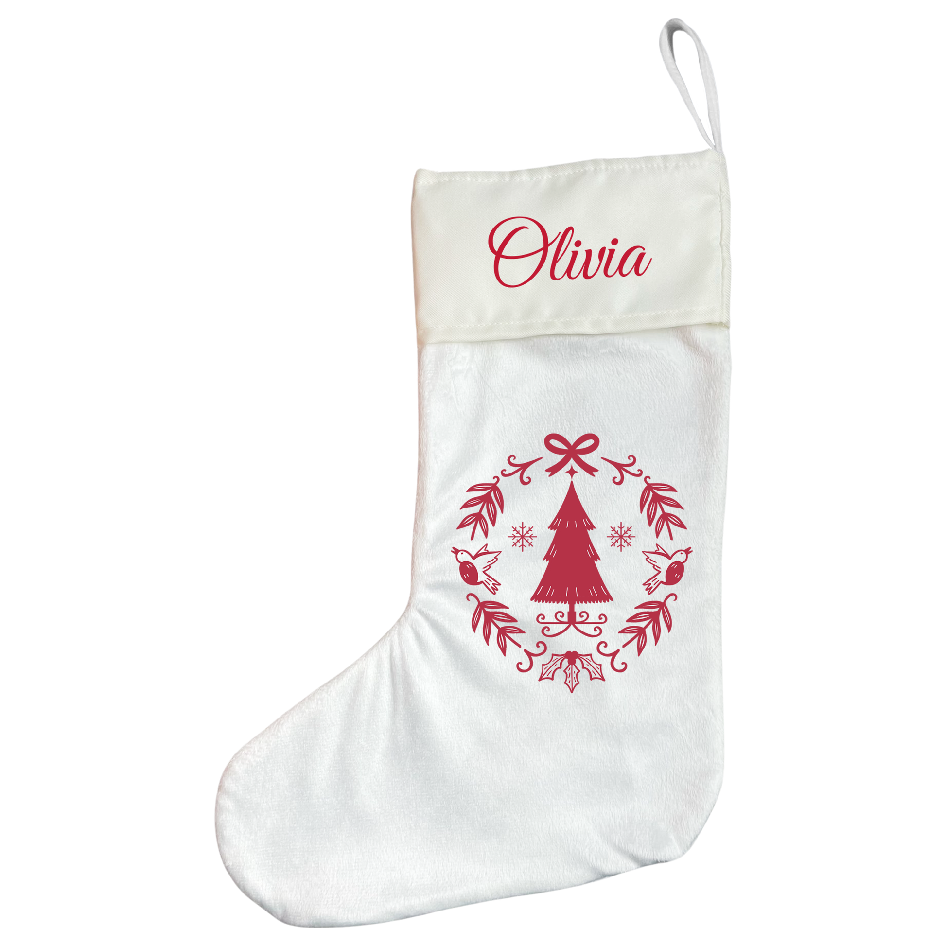 Personalised Christmas Stocking Red Scandi Wreath