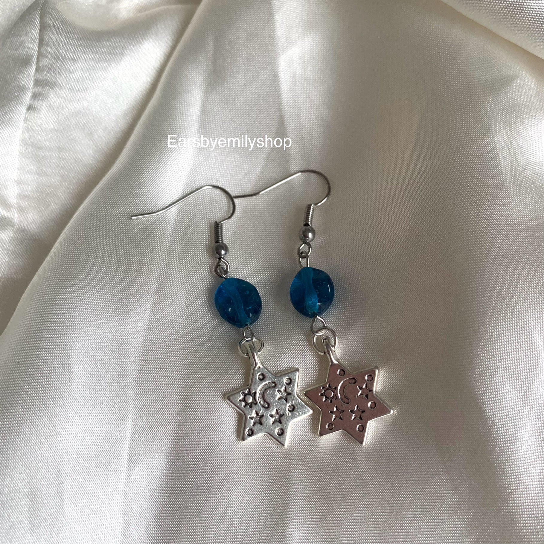 Cool silver star with yellow or blue bead statement dangle hypoallergenic earrings
