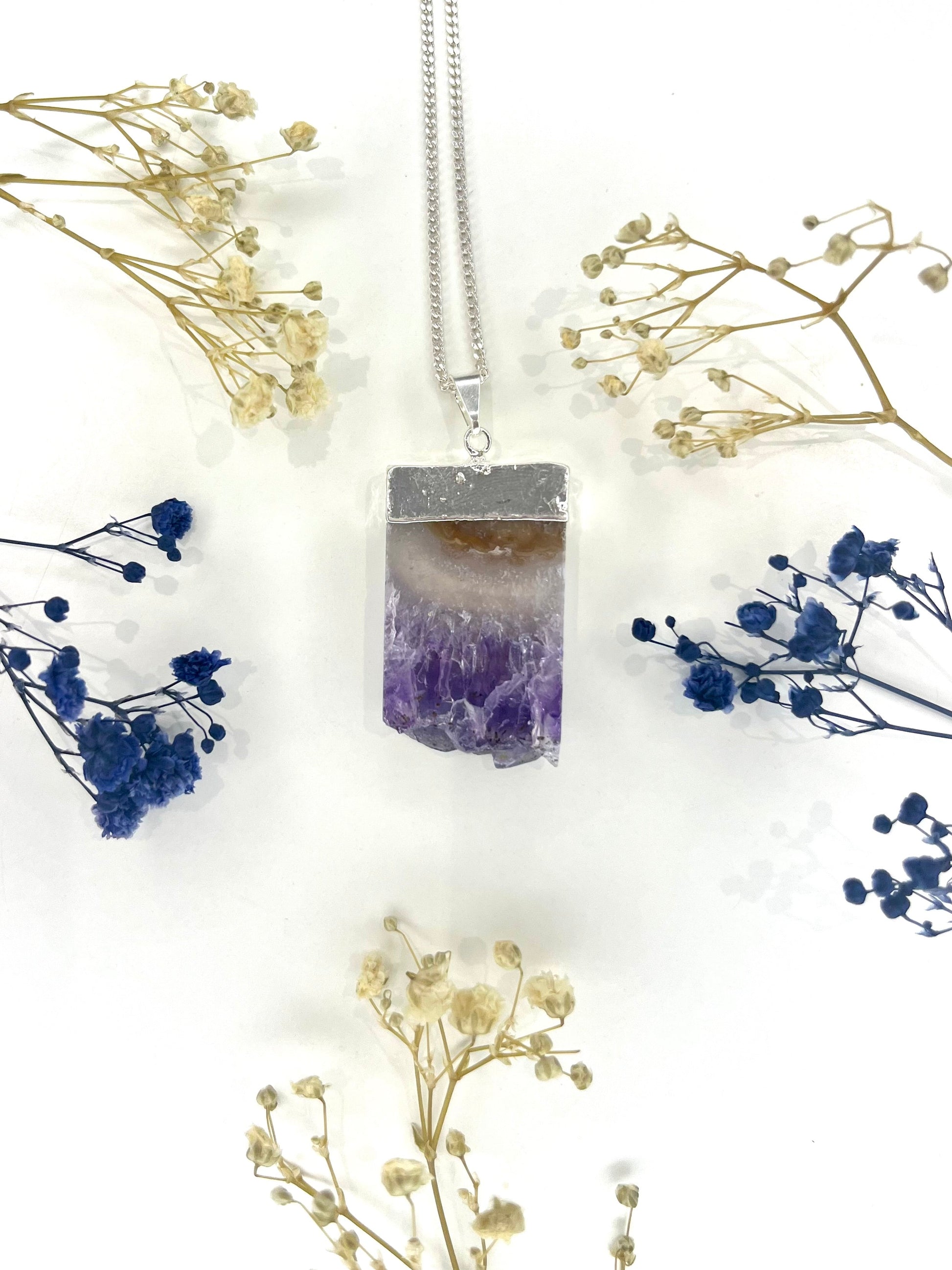 Natural Amethyst Slice Necklace with Silver Chain