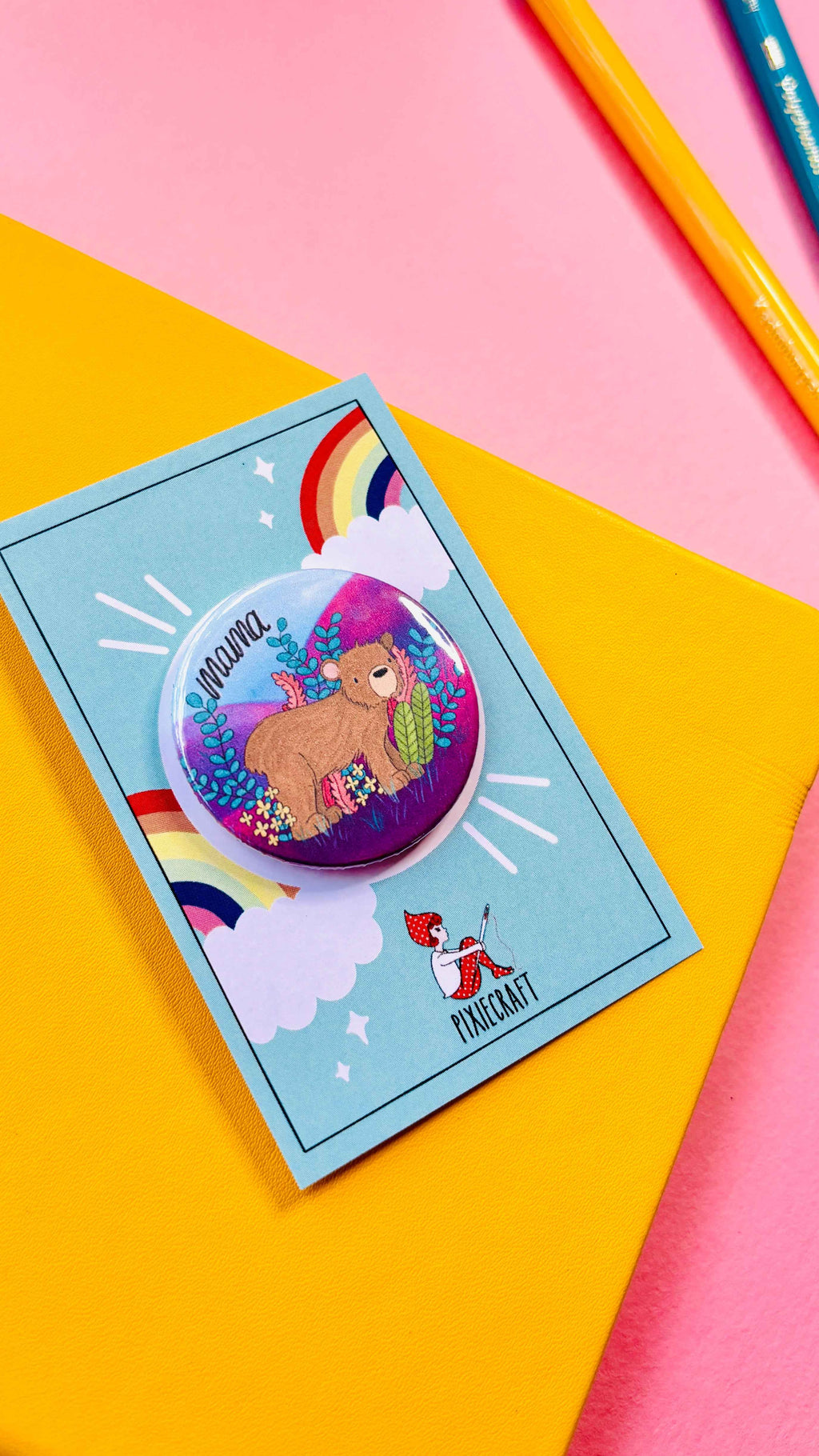 Brown Bear Illustrated Art Vibrant Pin Badge or Magnet- Multiple options available