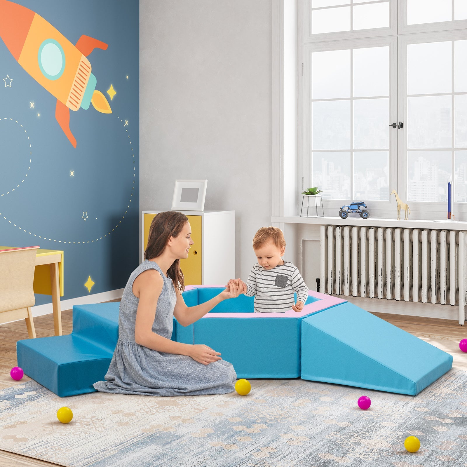 3 Piece Baby Foam Climbing Blocks Set with Ball Pit and Balls in Blue