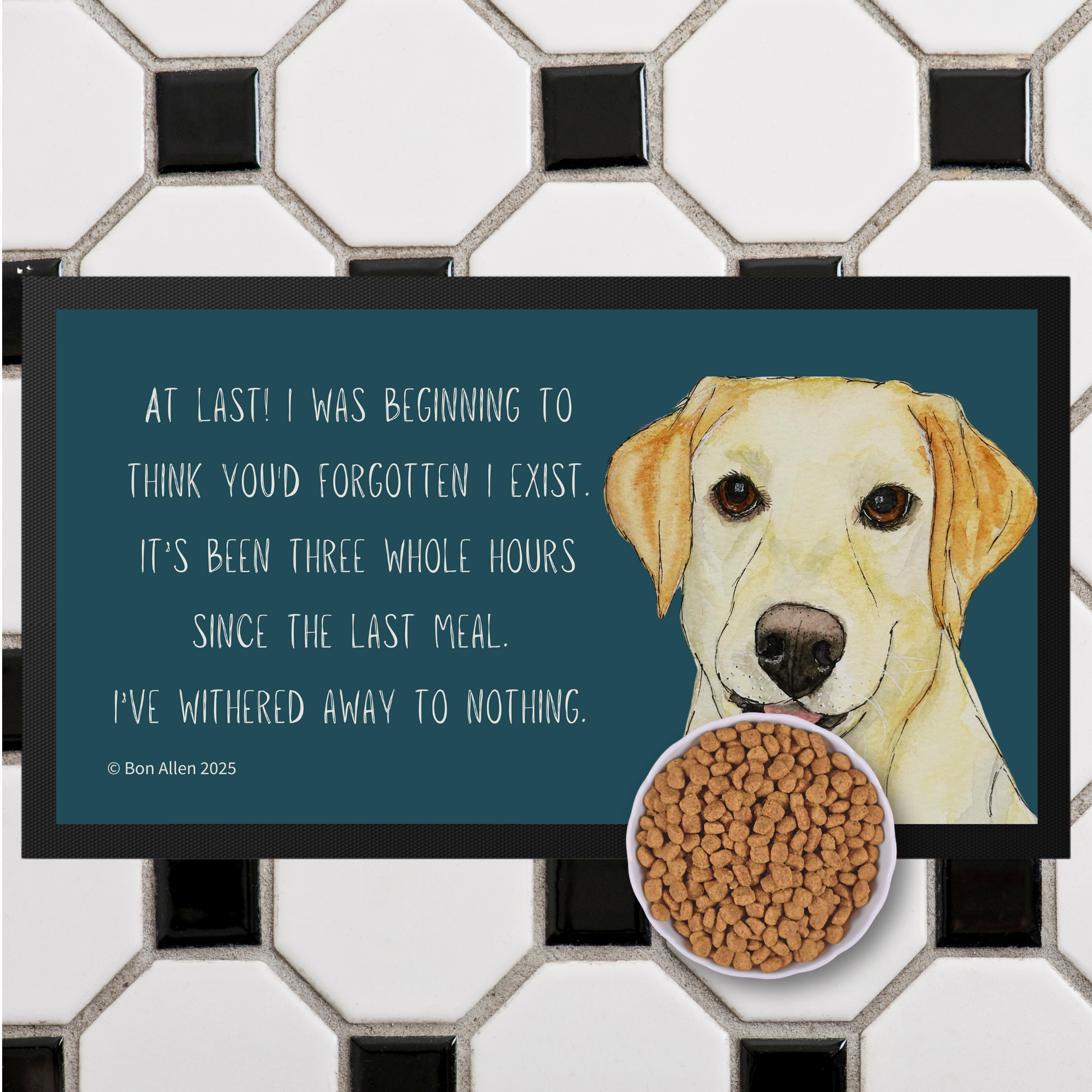 Starving Since Breakfast Pet Bowl Mat – Featuring the Yellow Labrador