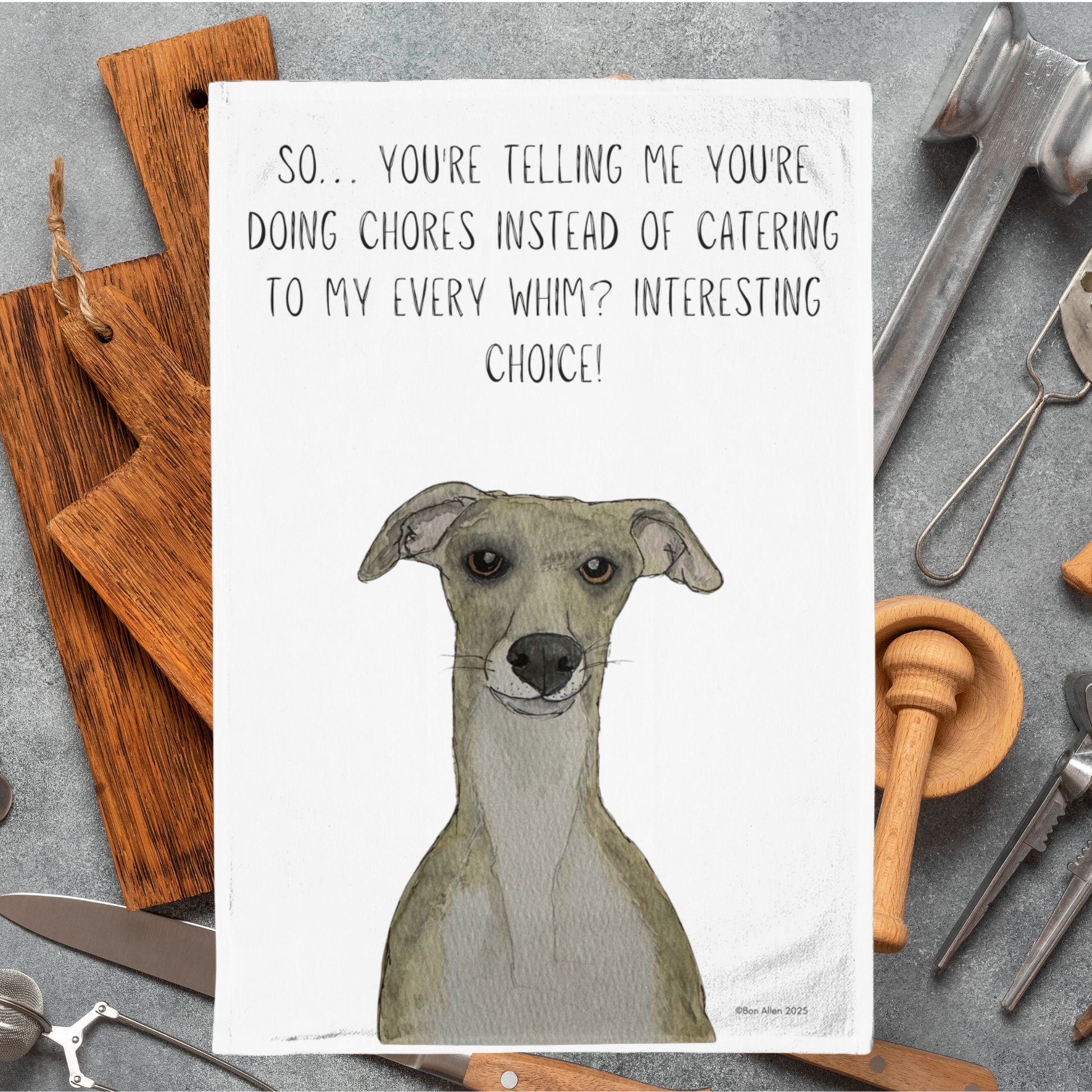 Whippet’s Judgy Tea Towel – Priorities, Human!