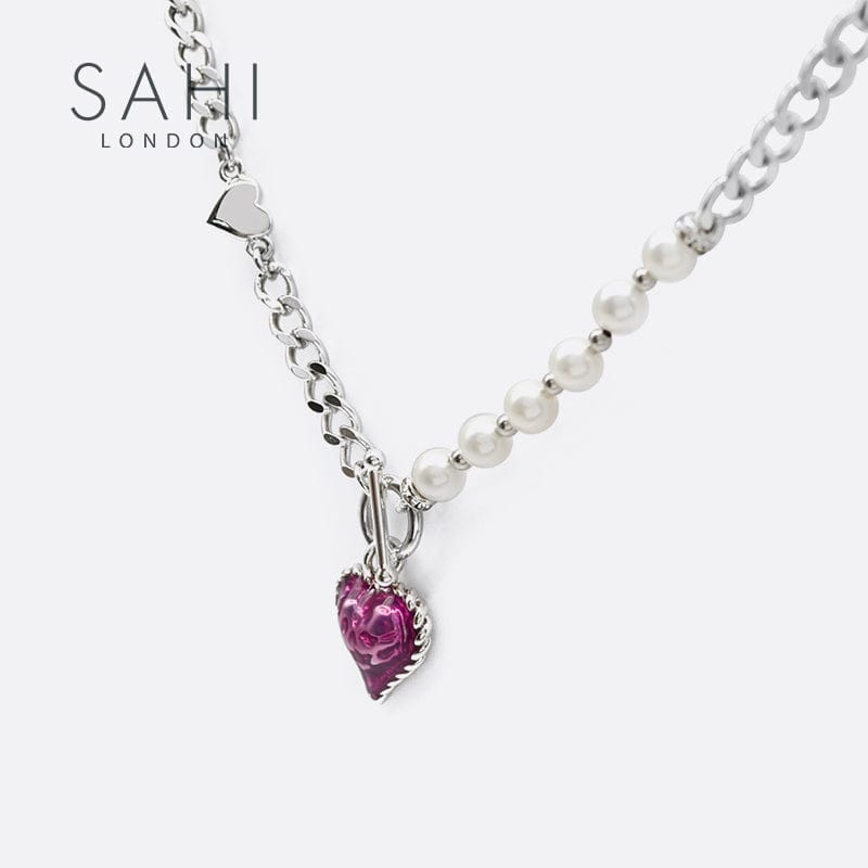 Heart Enameled Pearl Chain and Link Bracelet in Silver and Violet