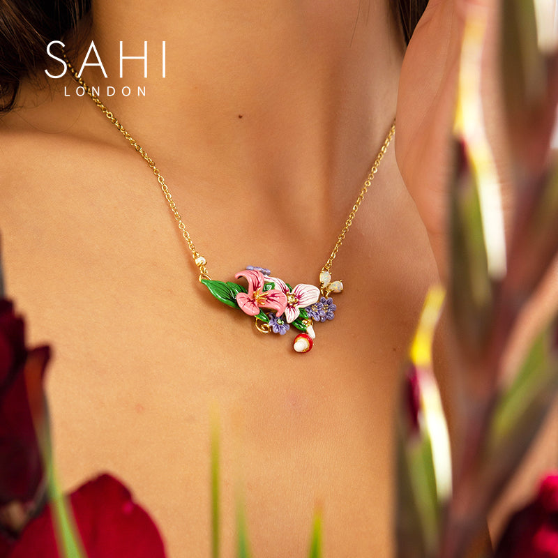 Enchanting Garden Pendant Necklace Hand Enameled Gold Plated