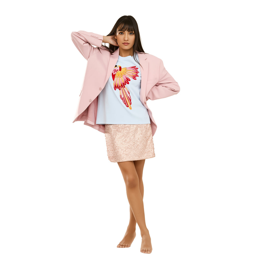 Cotton Embroidered Parrot T-Shirt with Beads and Thread