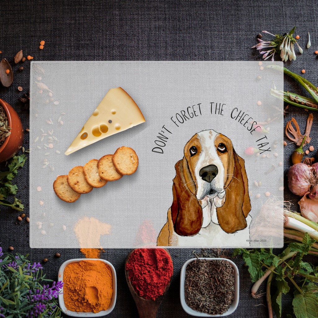 Chop, Slice… and Pay the Cheese Tax! Basset Hound Glass Chopping Board
