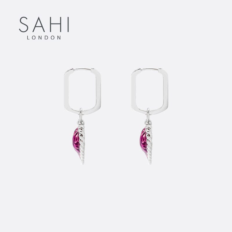 Love Heart Enameled Drop Dangling Earring in Silver and Violet
