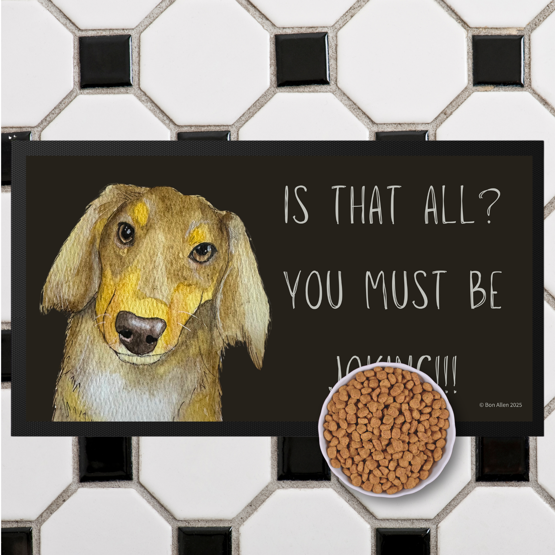 Long Haired Dachshund Dining Drama – Hilarious Pet Bowl Mat!