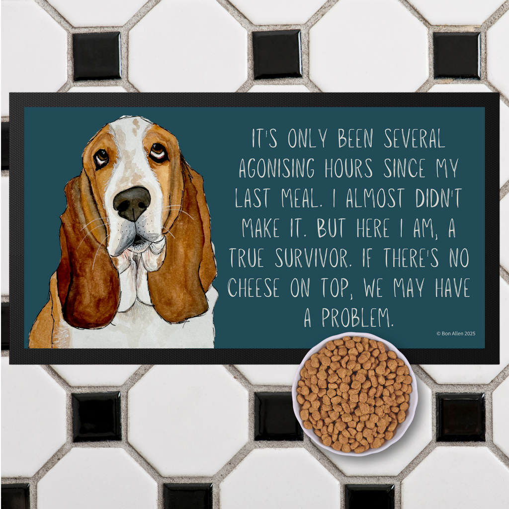 Basset Banquet Mat – The Drama of Dinner Time!