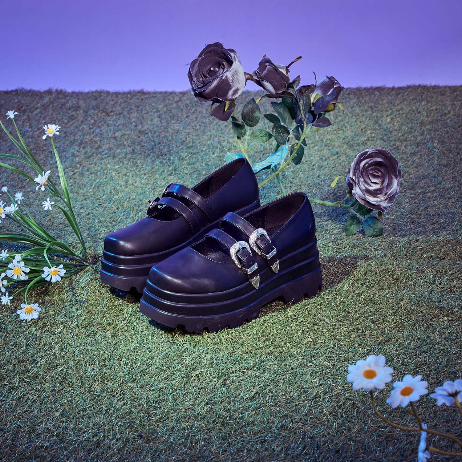 Damona Trident Ornate Buckle Mary Janes in Black