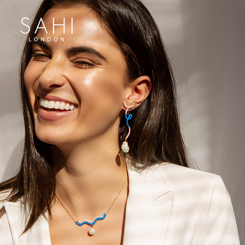 Fantasy Wave Pearl Dangle Earrings in Blue, Pink and Gold