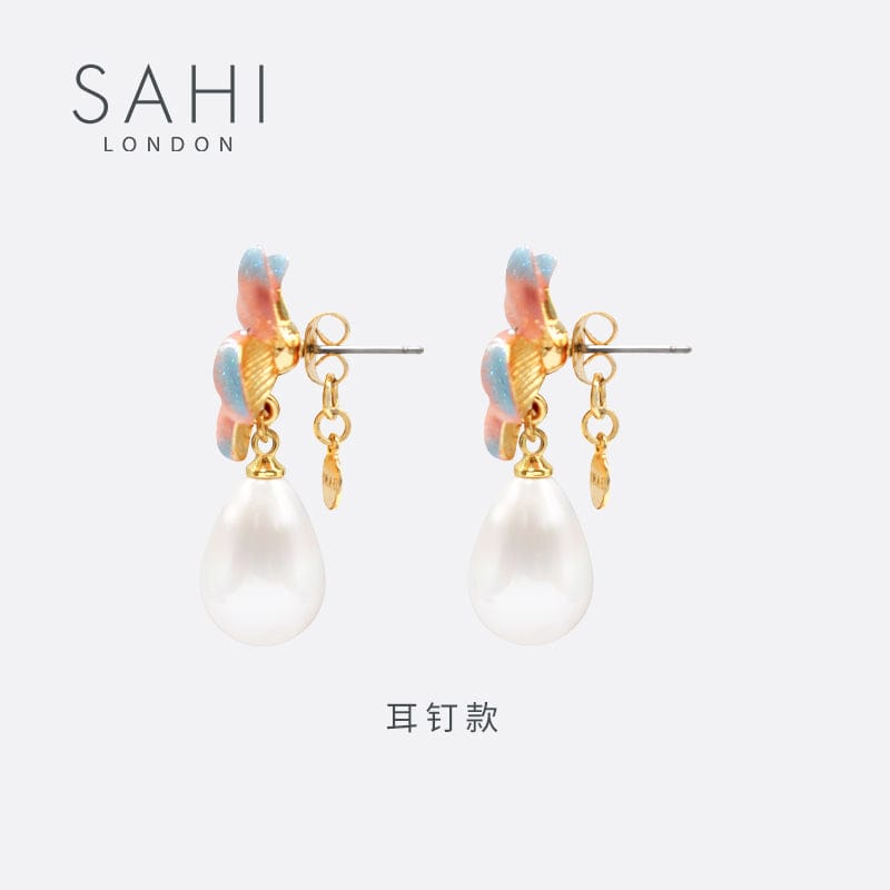 Peach Lily Flower Pearl Drop Earrings in Gold