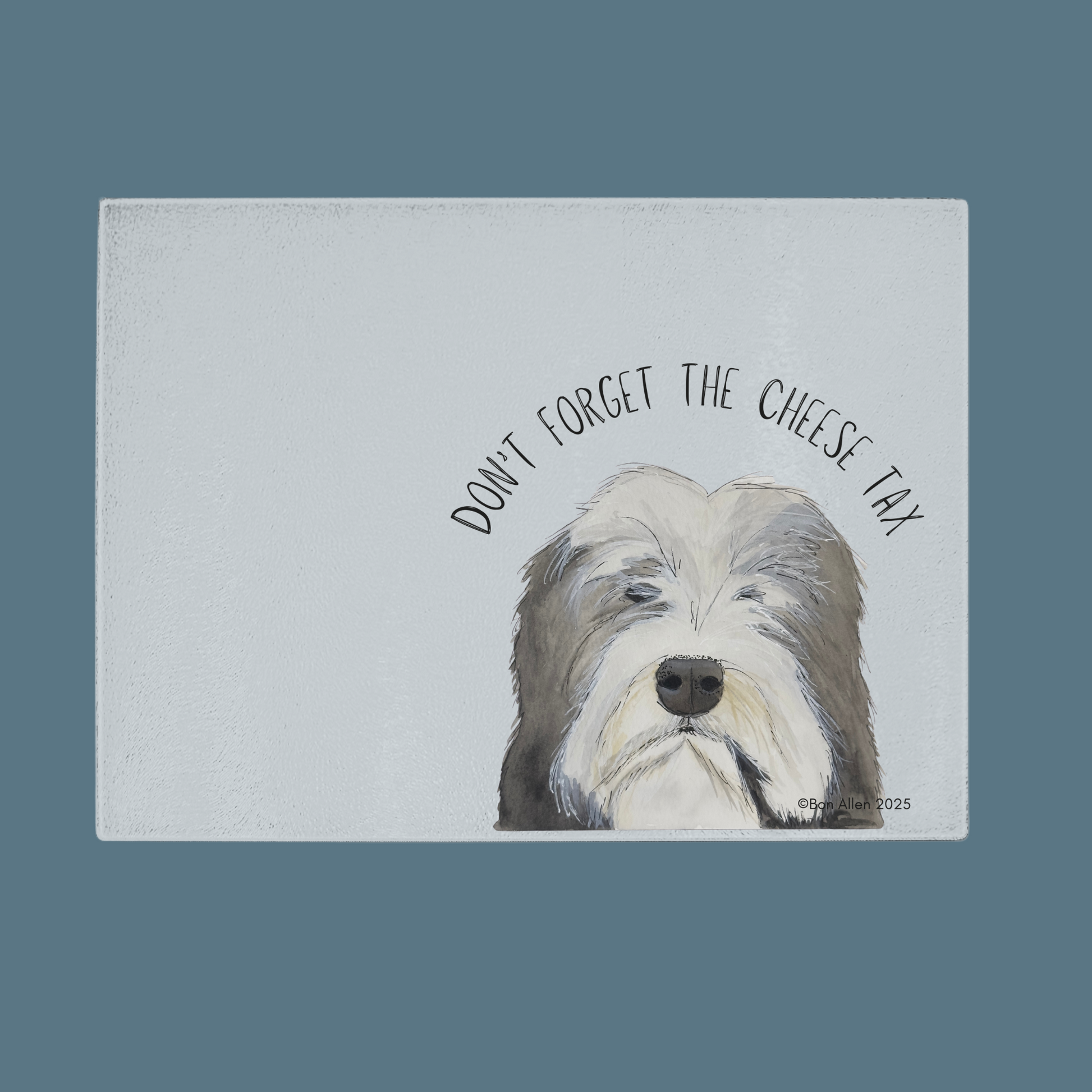 Cheese Tax Enforcer – Bearded Collie Chopping Board of Justice