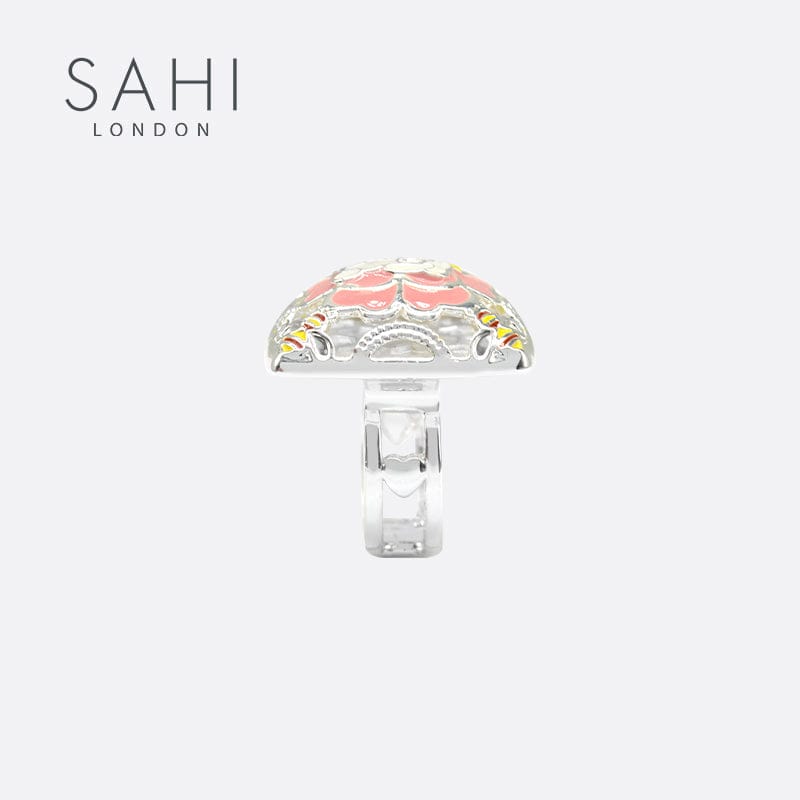 Gold Enameled Square Camellia Bear Ring