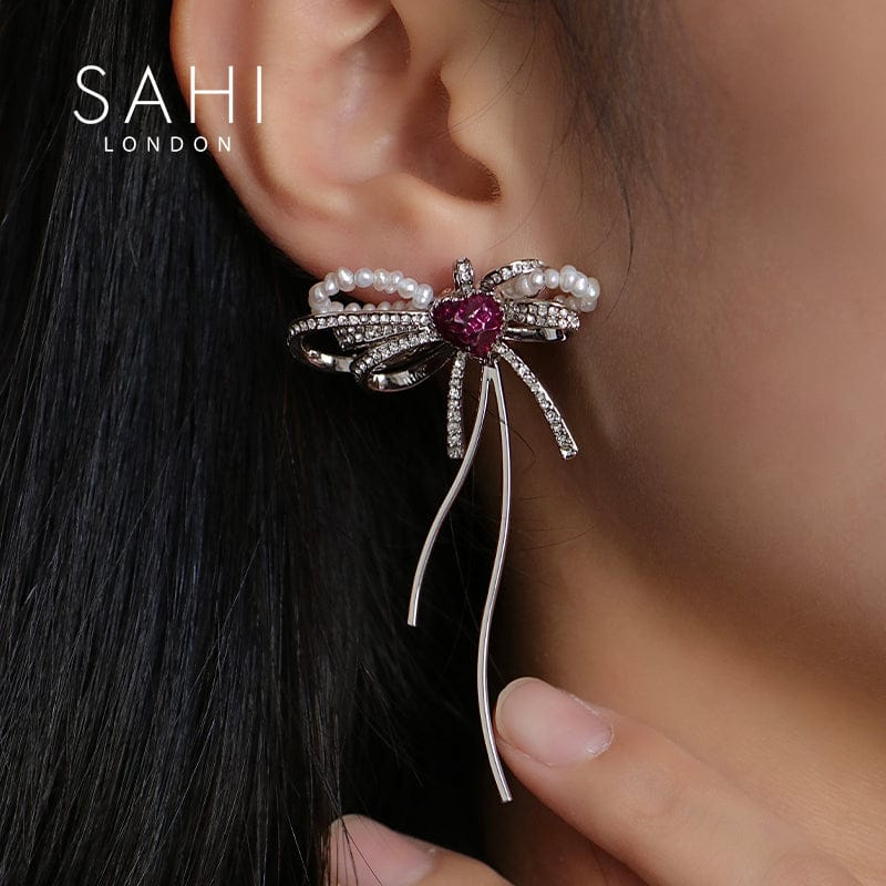 Love Heart Enamel Bow Stud Drop Earrings in Silver and Violet
