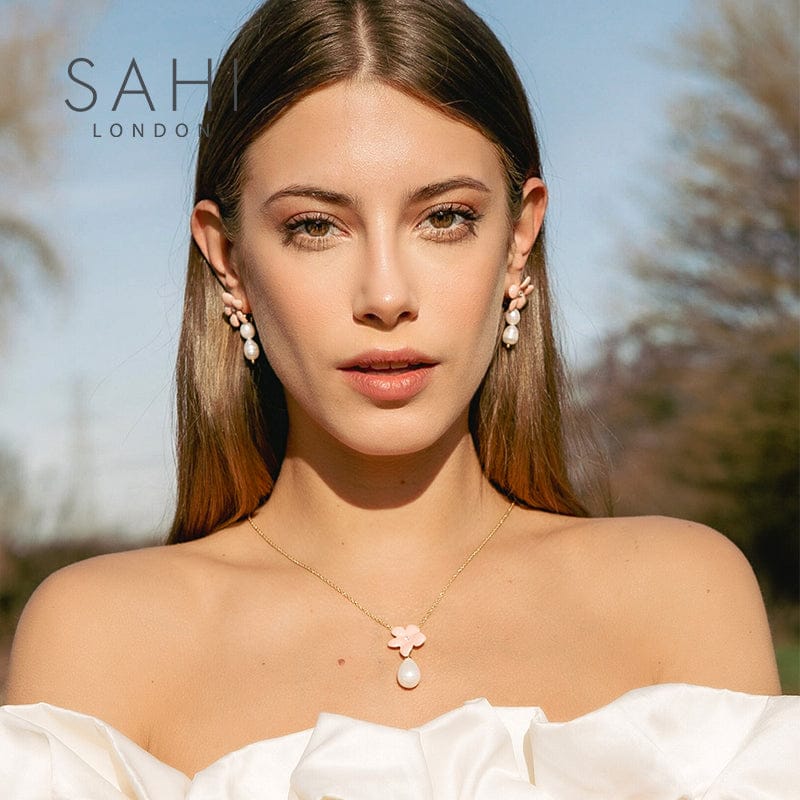 Gold Plated Lily Flower Pearl Drop Dangle Earrings in Peach