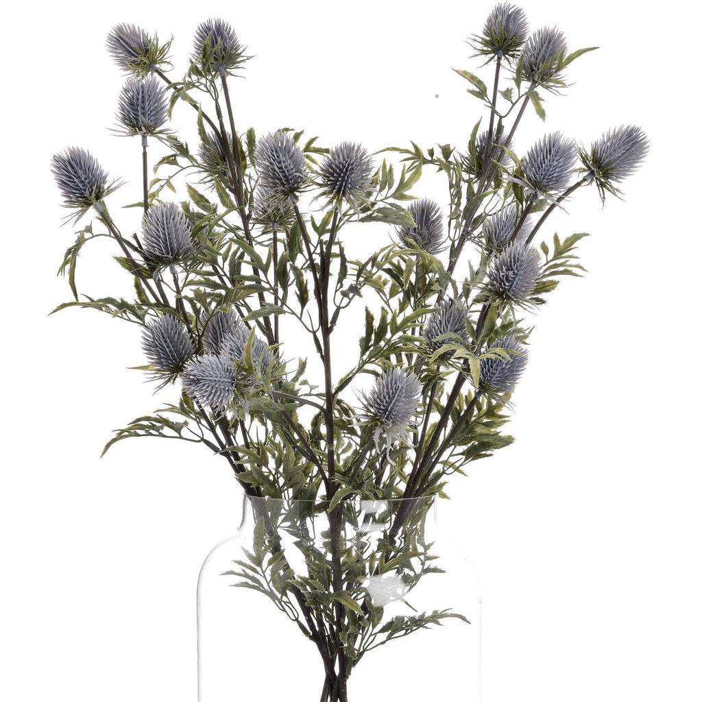 Artificial blue thistle stem with powder-blue petals and lifelike cone, 76cm tall, for rustic or coastal floral arrangements. by Sostter at brixbailey.com