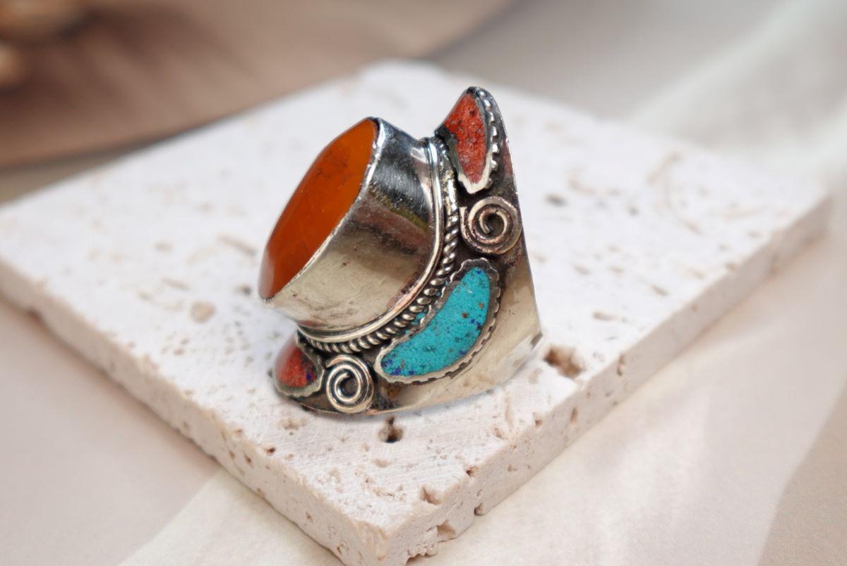 Large Ethnic Tibetan Silver Rings, Turquoise, Coral & Lapis Inlay Rings.