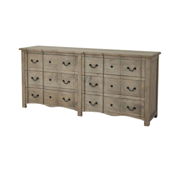 French Provincial chest with black iron handles, washed wood finish, six spacious drawers, and solid hardwood construction by Sostter at brixbailey.com