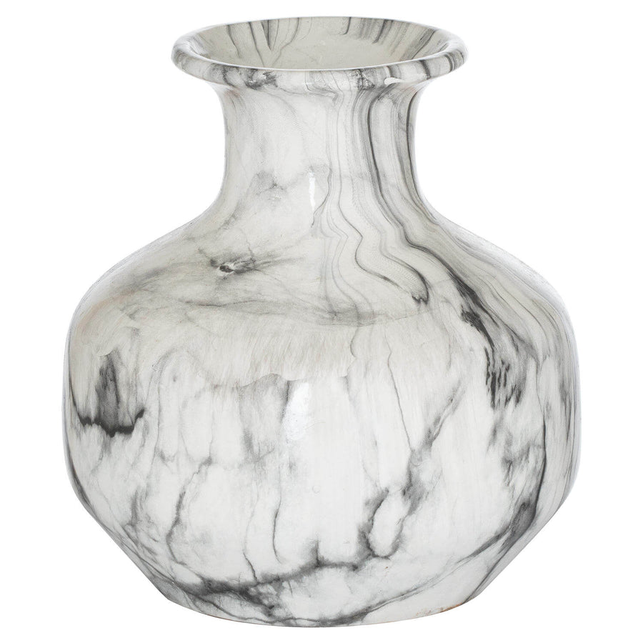 Handcrafted white marble ceramic squat vase with natural veining, perfect for home decor and floral arrangements. by Sostter at brixbailey.com